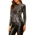 thumbnail image 4 of Unique Bargains Women's Party Club Glitter Long Sleeve Metallic Shiny Tops L Colorful, 4 of 7