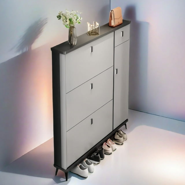 SOCE041 - Armoire à Chaussures Mince pour Entrée avec Rangement Rabattable - Gris (120 x 17 x 120 cm)