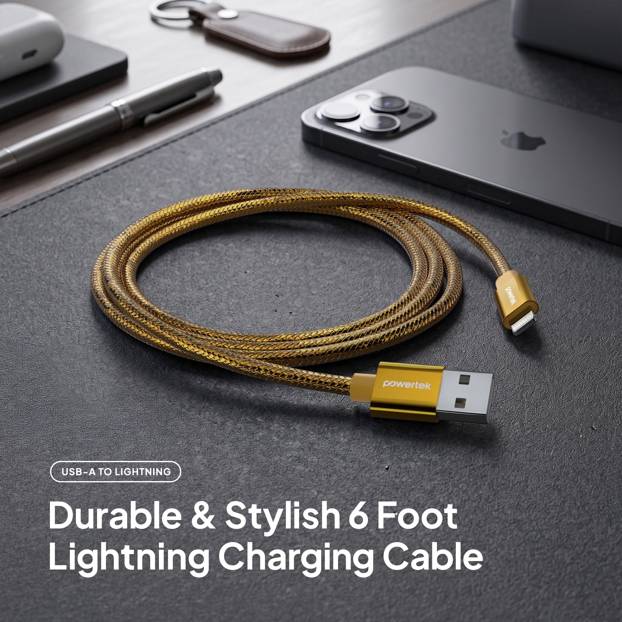 Powertek Luxe 6ft USB-A to Lightning Cable, Gold, Fast Charge & Sync, Metallic Mesh PVC Jacket, Durable Tangle-Free Design
