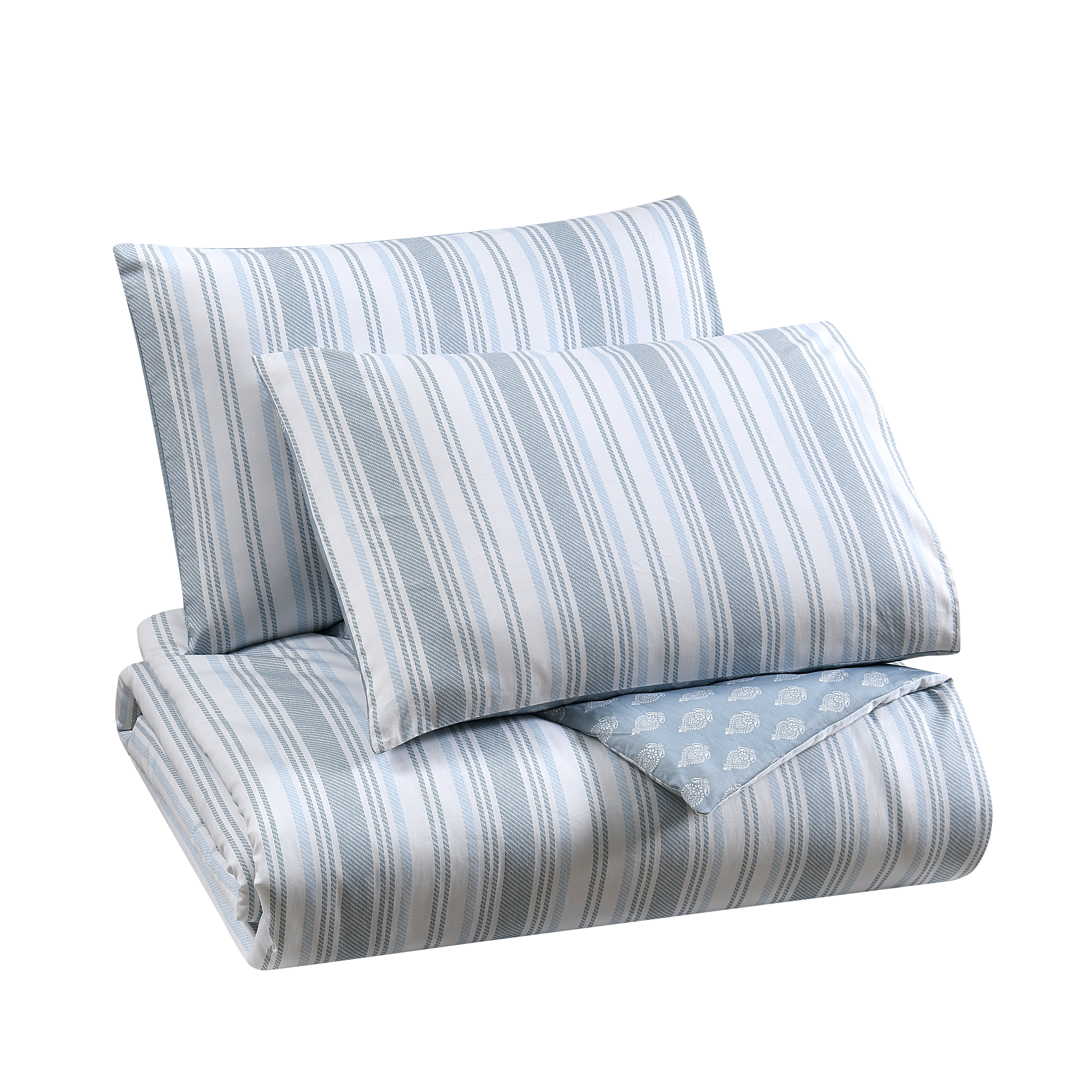 C&C California Printed Stripe Reversible Comforter Set, 100% Cotton, Breathable, All-Season Comfort , 3 piece, King, Blue