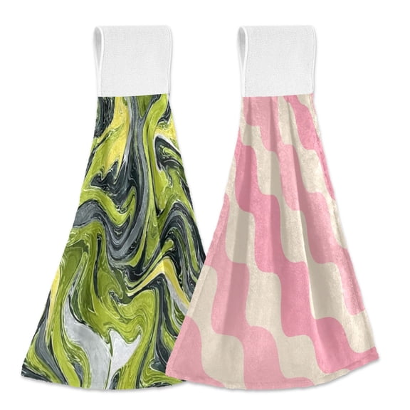 IAUYY Kitchen Hanging Towels Set of 2 100% Polyester Absorbent, Super Soft Hand Towels with Hanging Loops for Bathroom Kitchen A Green Liquid A Cream Color