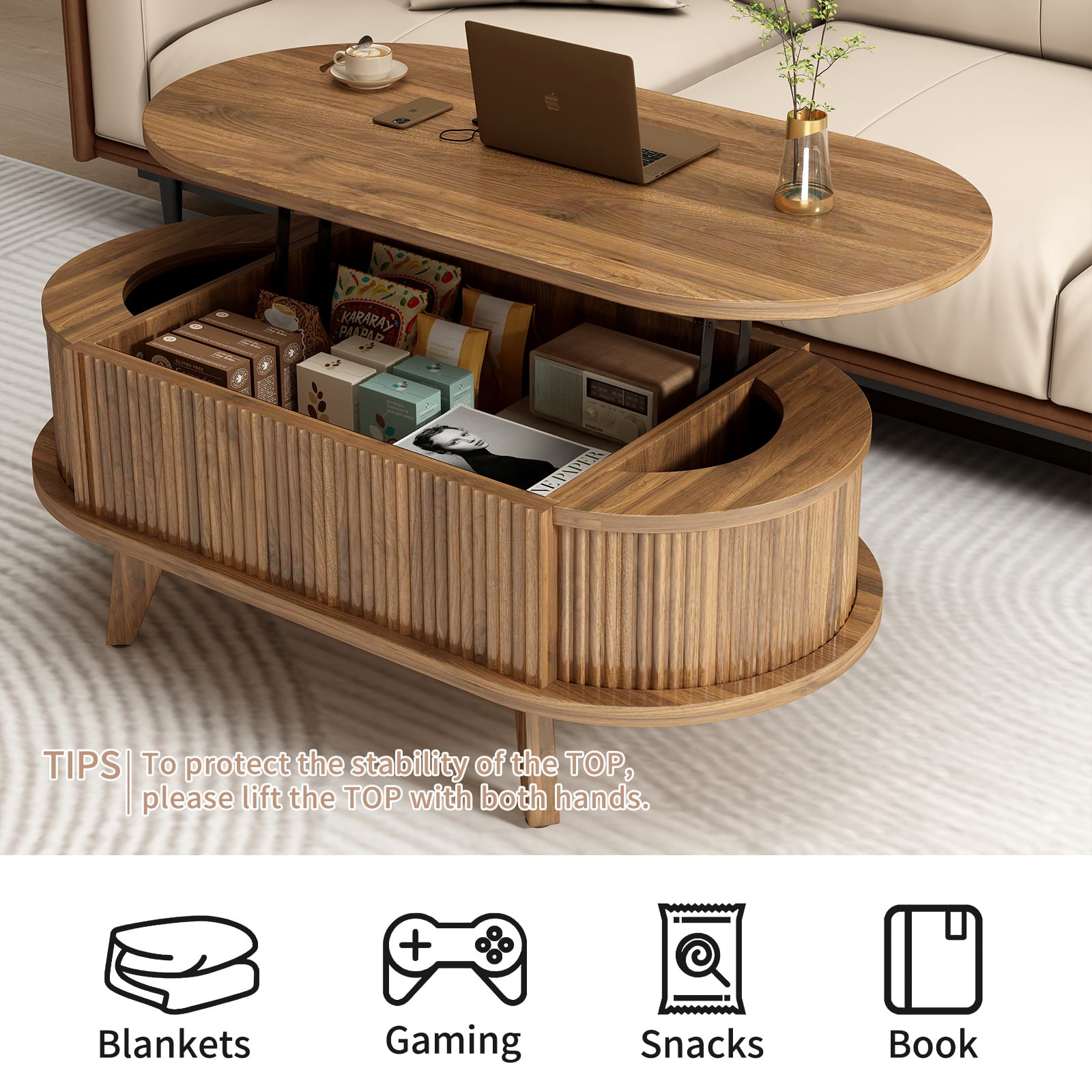 Hommoo Fluted Lift Top Coffee Table with Hidden Storage Compartments, Mid-Century Modern Oval Wooden Center Table for Living Room, Office & Small Spaces, Walnut