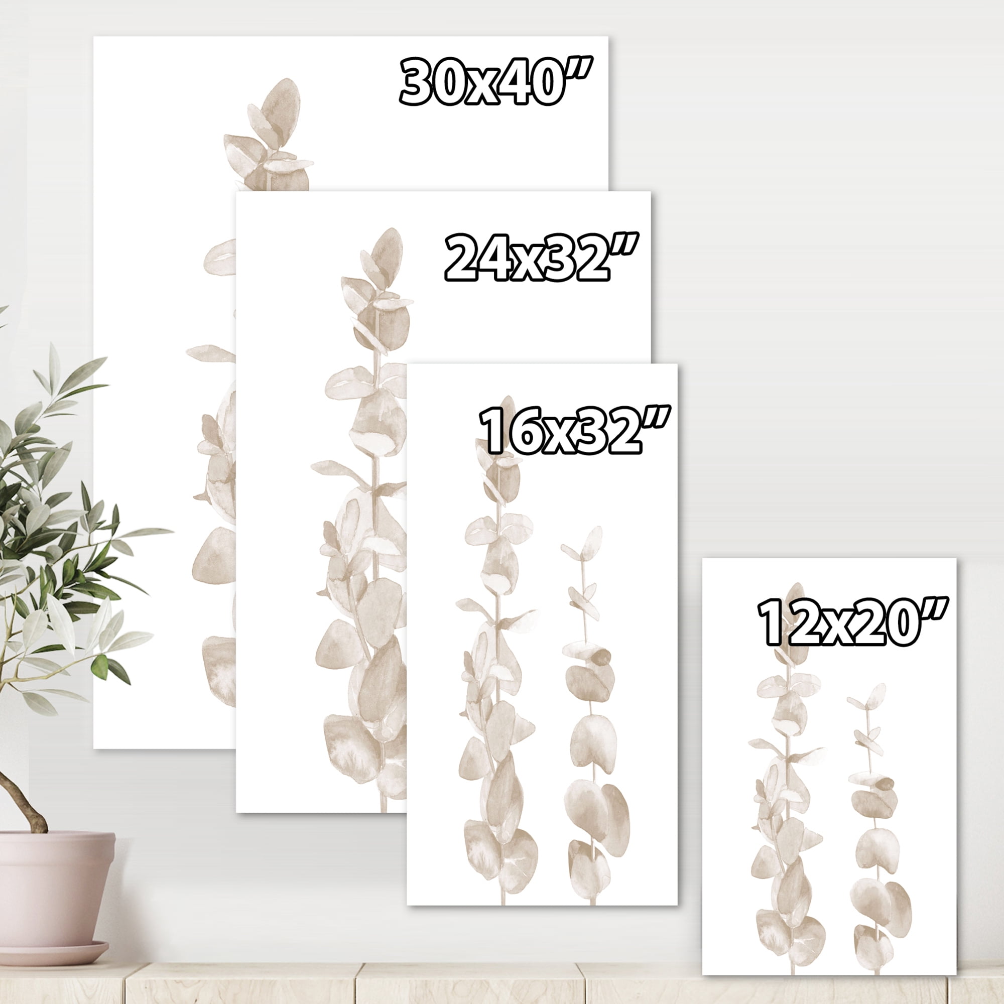 Grey Eucalyptus Branches On White 8 in x 12 in Painting Canvas Art Print, by Designart