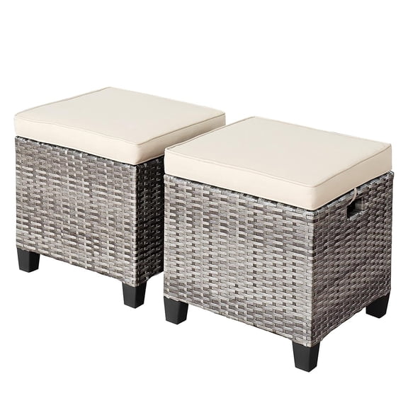2 Pieces Outdoor Ottoman, Wicker Ottoman Seat, Rattan Furniture, Footstool Footrest Seat with Cushions for Backyard, Balcony, Garden, Grey   White