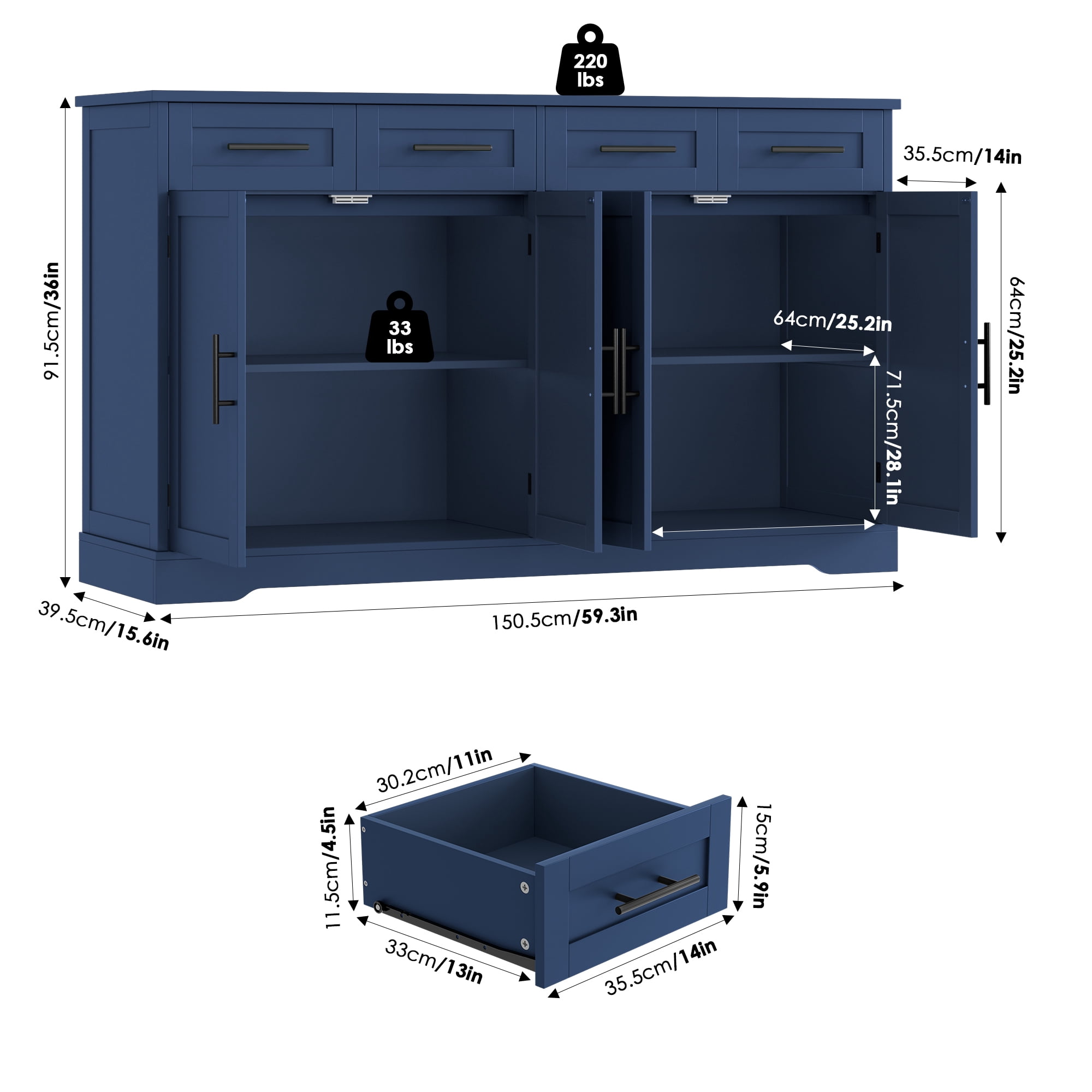 Homfa Farmhouse Buffet Cabinet with 4 Drawers and 4 Doors, 59" W Sideboard Buffet Storage Cabinet with Shelves, for Kitchen Living Room Bedroom, Blue