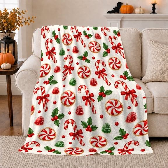 decorative motif Cane Peppermint Christmas Living Room Festive, Festive Holiday Scene, Warm Flannel Blanket for Living Room and Reading Nook, Art Lovers Christmas Gift, Festive Home Decor