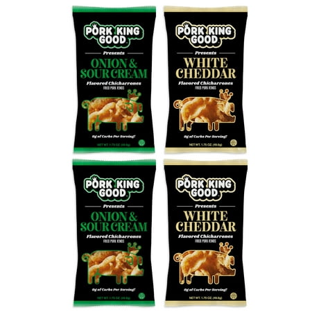 Pork King Good Pork Rinds Variety Pack - White Cheddar / Onion & Sour Cream - 4 Pack (2 of each flavor) Keto-Friendly (Best Pork Rinds Brand)