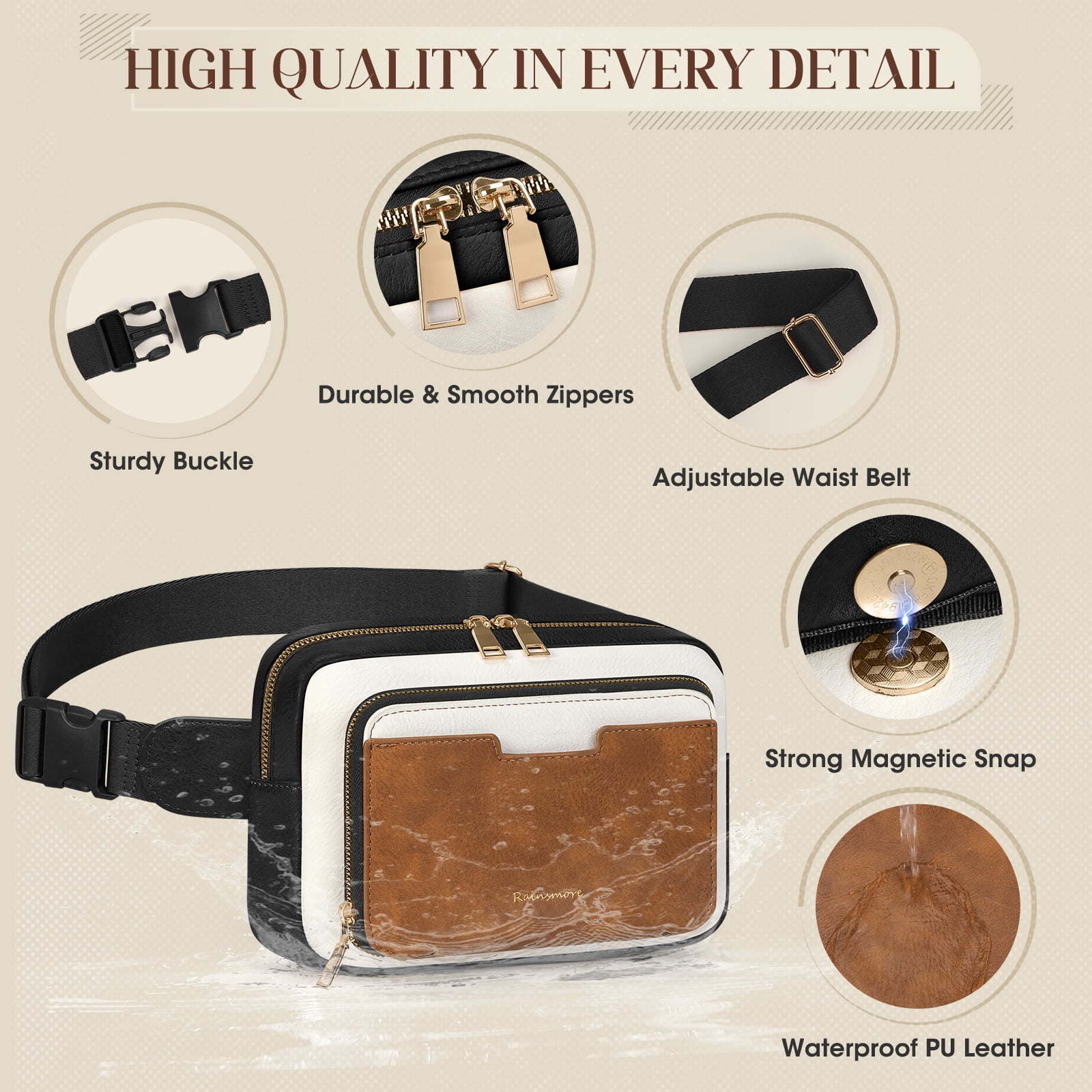RAINSMORE Fanny Packs for Women, Leather Belt Bag Waterproof Everywhere Crossbody Waist Pack with Adjustable Strap Retro Sling Chest Bag for Work Running Travel Party,Black&Brown&White