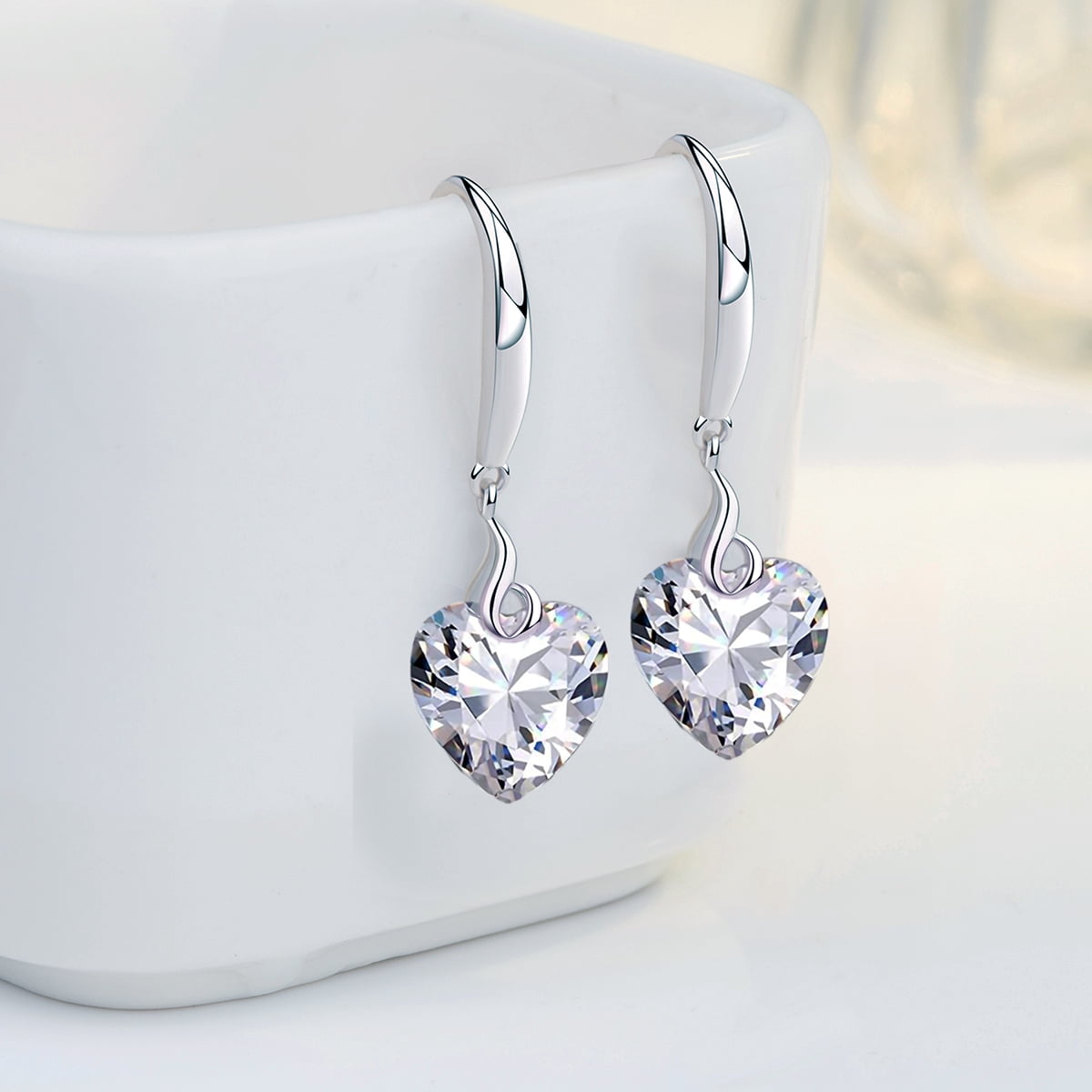 s925 Sterling Silver Love Heart 5A Cubic Zirconia Crystal Women Drop Dangle Earrings