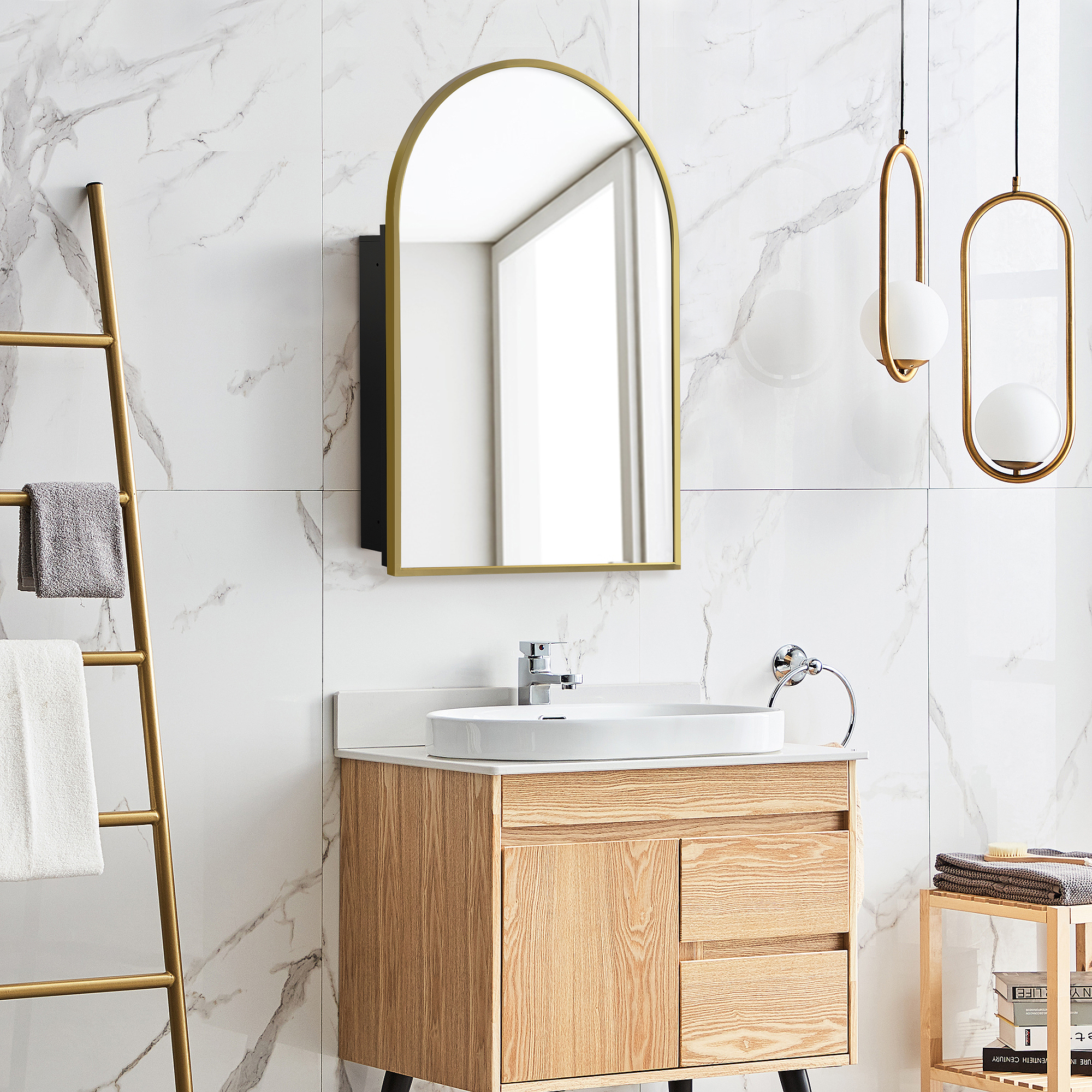 36"x24" Iron Arched Bathroom Mirror Cabinet,Gold