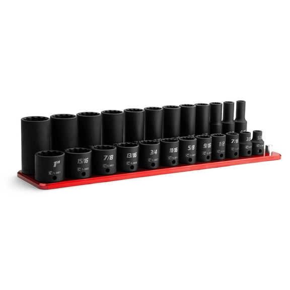 Capri Tools 3/8 in. Drive Shallow and Deep Impact Socket Set, 12-Point, SAE, 5/16 to 1 in., 24-Piece with Red Billet Aluminum Socket Rail