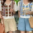 thumbnail image 4 of Yokua Women French Cropped Cardigan Short Sleeve Knitted V-Neck Button Down Sweater for Jacket Hollow Crochet Plaid Thin Coat, 4 of 13