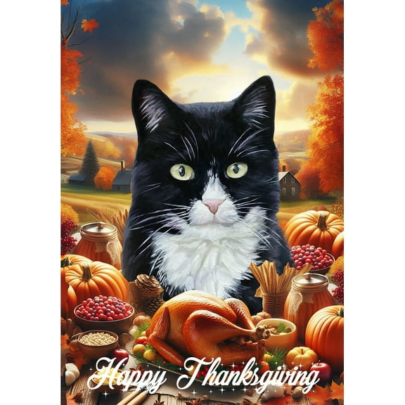 Tuxedo Cat - Best of Breed Thanksgiving Outdoor House Flag 28" x 40" Mailbox Flag Dog Flag