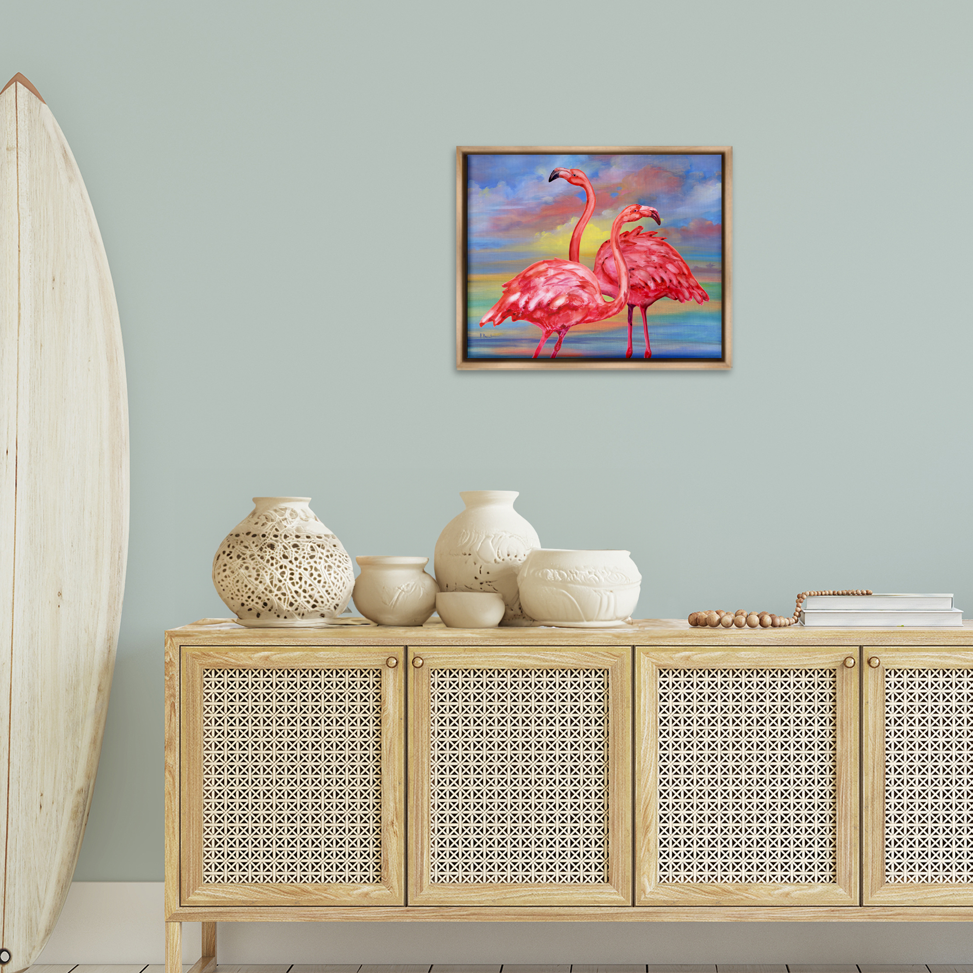 Stupell Industries Rainbow Sunset Flamingos Animals & Insects Painting Brown Floater Framed Canvas Art Print Wall Art, 21 x 17