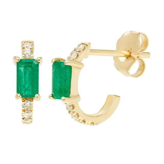Emerald Cut Gemstone & 0.12 CT. TW Diamond Stud Earrings in 14K Gold