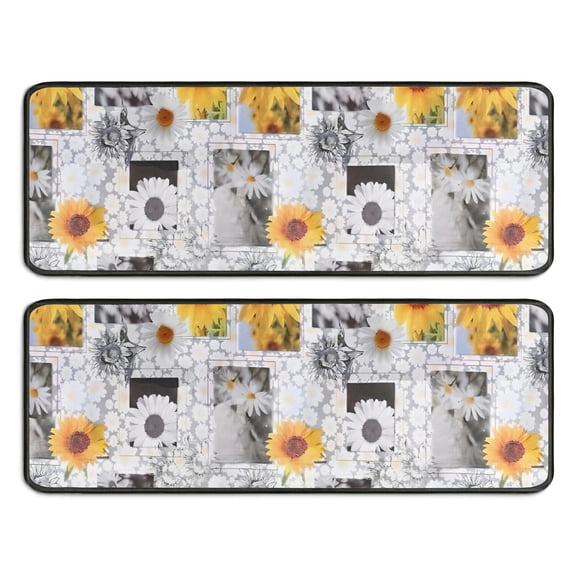 Kitchen Rugs Sets Of 2,White Gray Photo Frame Daisy Sunflower Pattern Anti Fatigue Kitchen Mat Rugs Non Slip Washable,Decorative Kitchen Floor Mats for Kitchen,Sink,Laundry,17"x47" 17"x47"