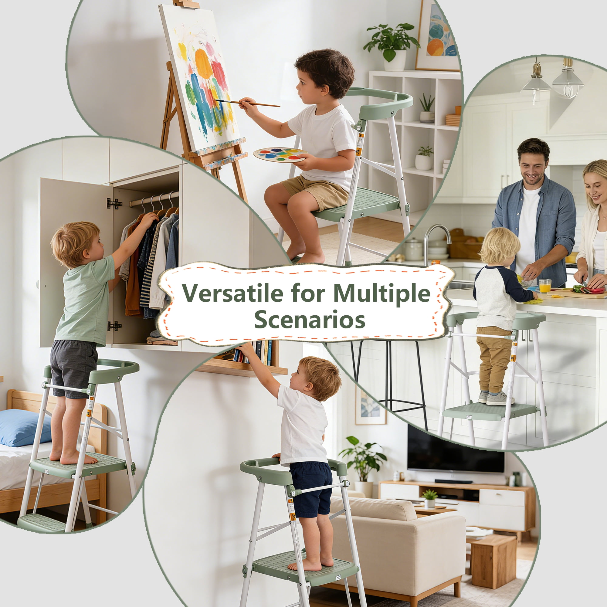 LevLad Toddler Kitchen Step Stool Helper for Kids, Foldable Learning Standing Tower for Kitchen Counter, Bathroom Sink, Green