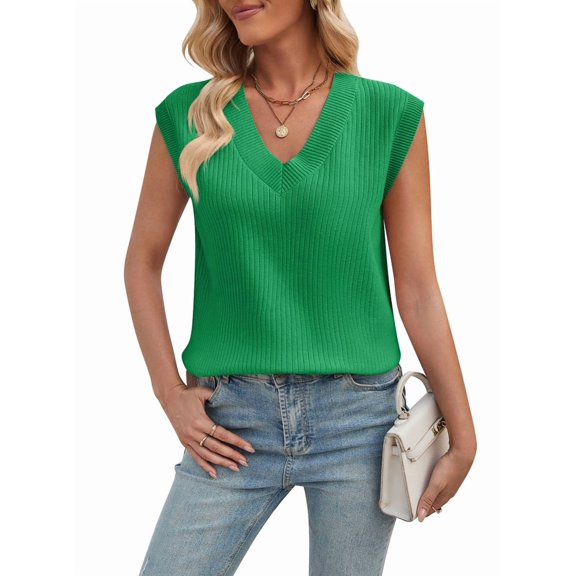 Womens V Neck Sweater Vest Oversized Ribbed Knit Sleeveless Casual Loose Fit Pullover Tank Top Green M