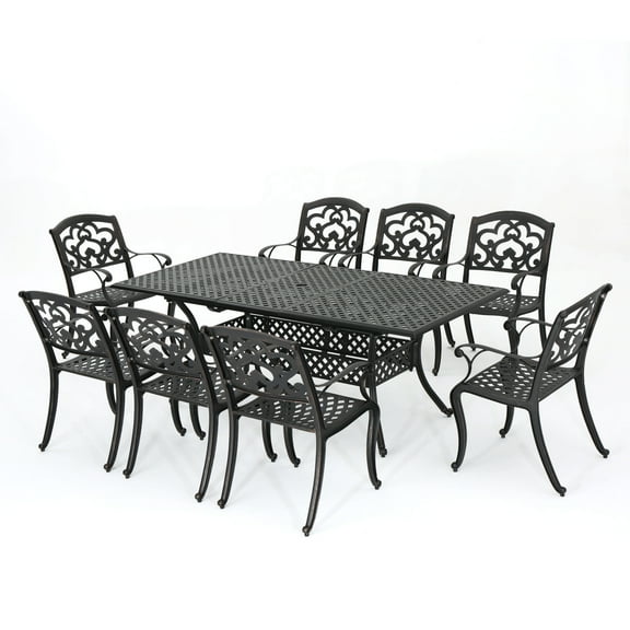 GDF Studio Blaeberry Outdoor Cast Aluminum Expandable 9 Piece Dining Set, Shiny Copper