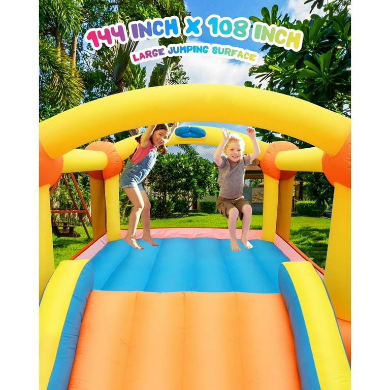 Entil 12ft(L)x9ft(W) Inflatable Bounce House with Blower, Big Slide, Basketball Hoop & Inflatable Basketball, Outdoor/Indoor for Kids