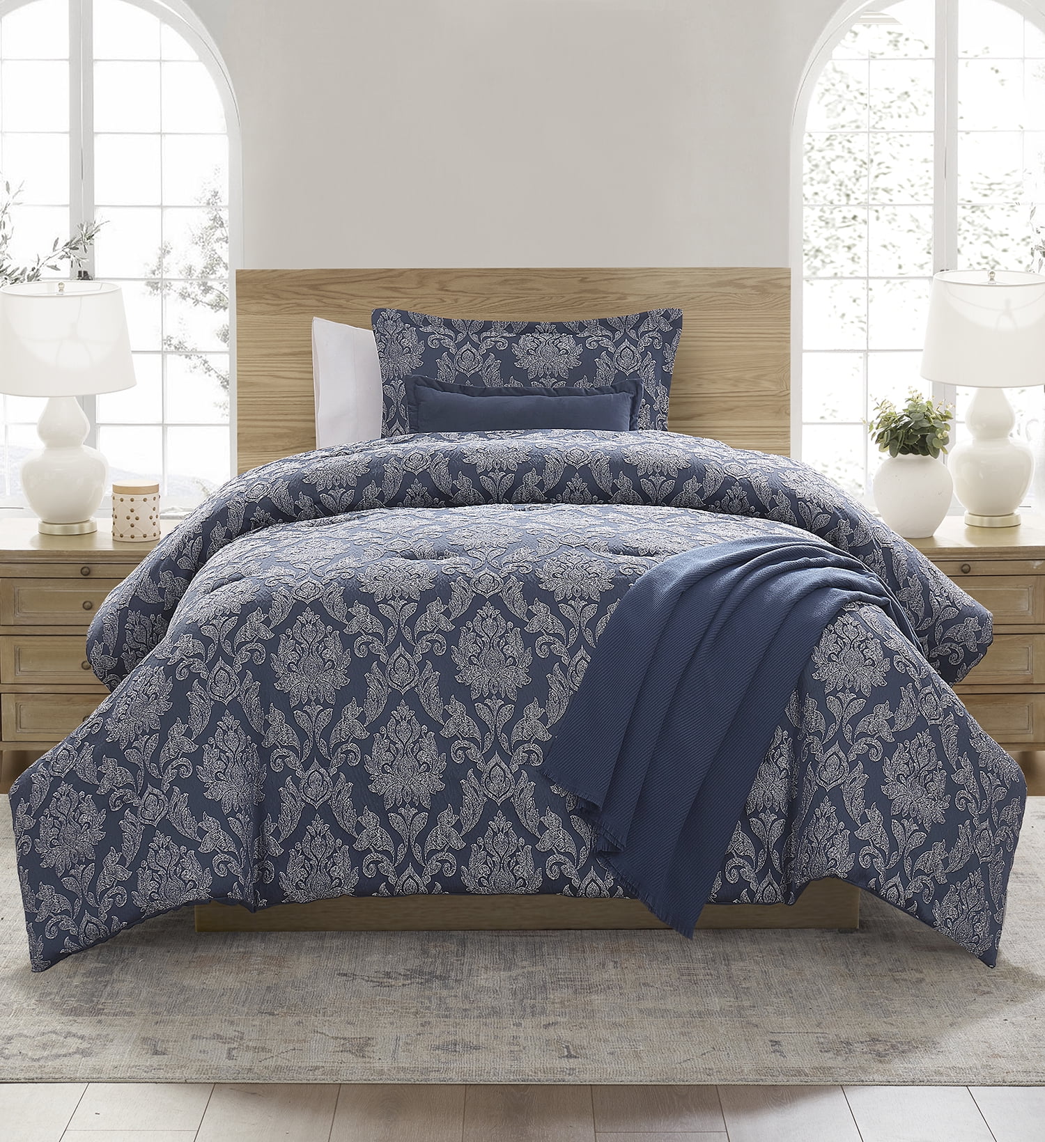 Mainstays Damask 4-Piece Blue Jacquard Comforter Set, Twin/Twin XL