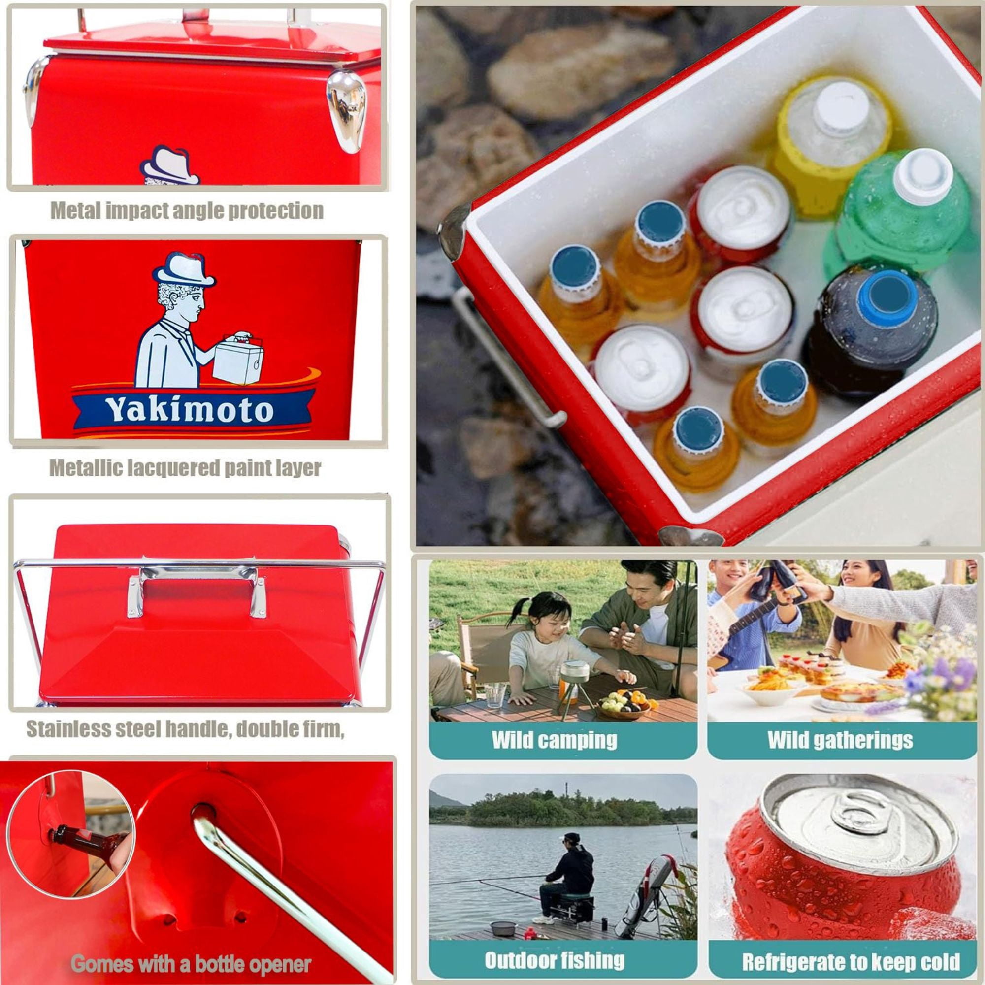 Yakimoto 14Qt Retro Metal Cooler - 18 Can Portable Ice Chest with Bottle Opener