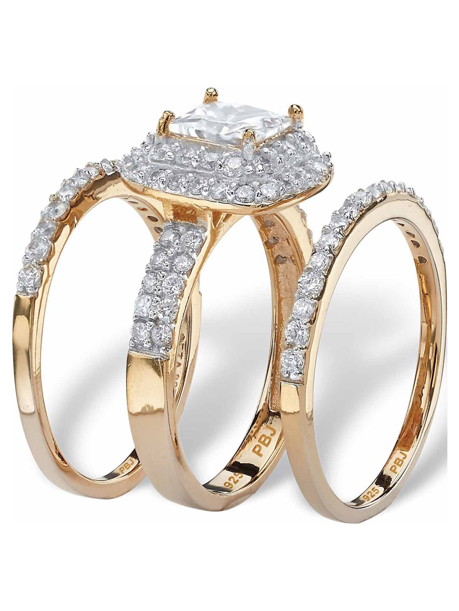 PalmBeach Jewelry 2.37 TCW Cut Cubic Zirconia Gold-Plated or Platnium-Plated or Sterling Silver 3-Piece Double Halo Bridal Ring Set