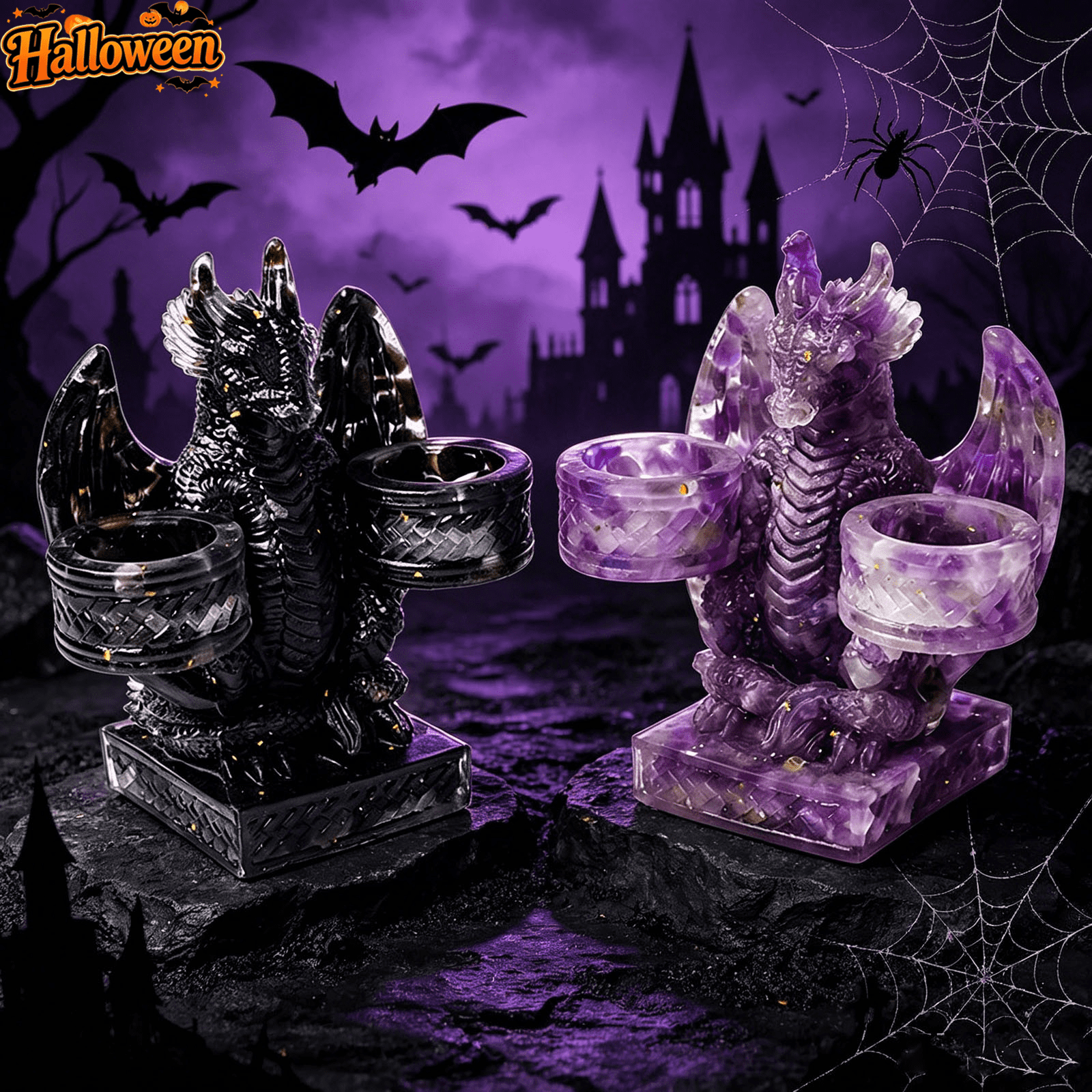 Halloween Natural Stone Flying Dragon Figurine Tealight Candle Holder Gothic Dragon Statue Crystal Ball Display Stand Resin Candlestick Base Ornament For Tabletop Halloween Haunted House Home Decor
