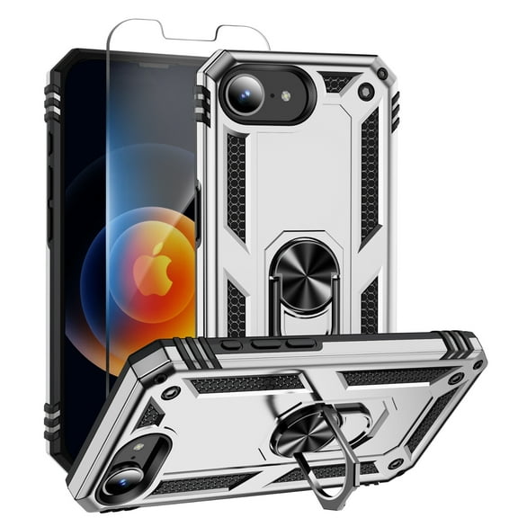 Allytechgroup iPhone 17e 16e Case with Screen Protector, Hybrid TPU PC Hard Back Shell Cover Kickstand Shockproof Bumper Rugged Phone Case for Apple iPhone 17e 16e 6.1", Silver