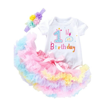 

Baby Girl Birthday Clothes Set Short Sleeve Letter Print Romper + Colorful Tulle Frill Skirt + Flower Headband