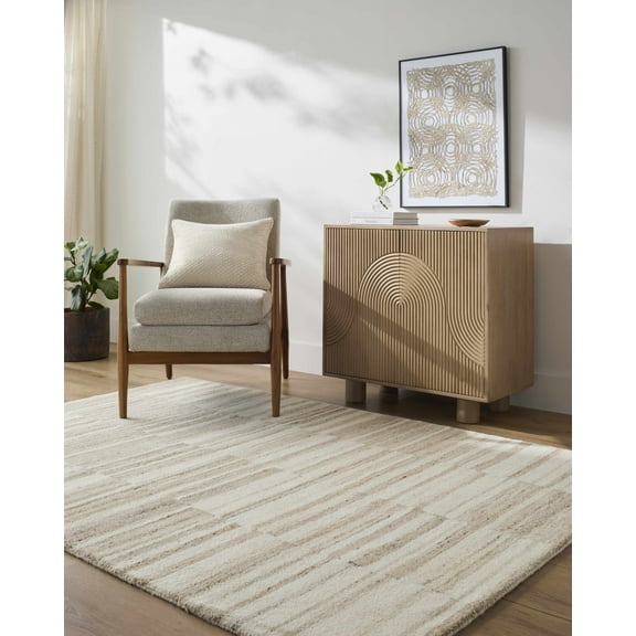 Hauteloom Yuuma Modern Hand Tufted Natural Fiber Wool Area Rug - Contemporary Broken Striped Carpet for Living Room, Bedroom, Dining Room - Off White, Bisque, Beige - 2' x 3'
