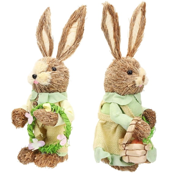 BESTYASH 2-Pack Bunny Statues Woven Figurines for Garden Decor, Multi-Color Easter Decorations