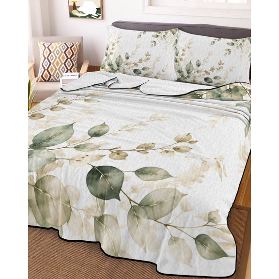 Twin Quilt Bedding Set, Green Eucalyptus Leaves Lightweight Coverlet Summer Comforter Set Soft Microfiber Bedspread, Rustic Botanical 3 Piece Quilt Set with 2 Pillow Shams