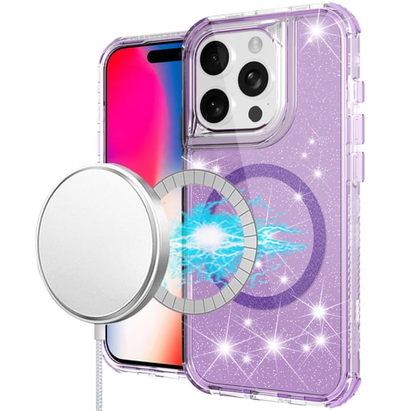 For iPhone 16 Pro 6.3 inch Magnetic Ring Glitter 3in1 Hybrid Case Cover - Purple