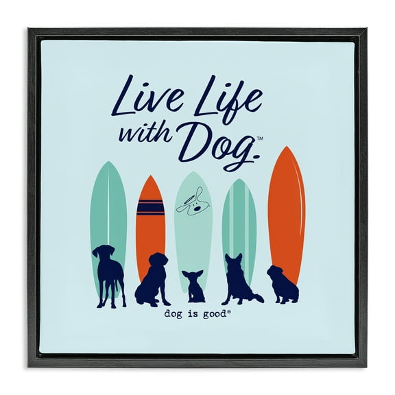 Stupell Industries Surfboards & Dogs Phrase Animals Painting Black Floater Framed Canvas Art Print Wall Art, 18 x 18