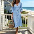 thumbnail image 7 of Ayolanni 3/4 Sleeve Fall Dresses for Women V Neck Cotton A-Line Maxi Dresses Formal Work Solid Button Down Long Dress with Pockets Blue S, 7 of 7