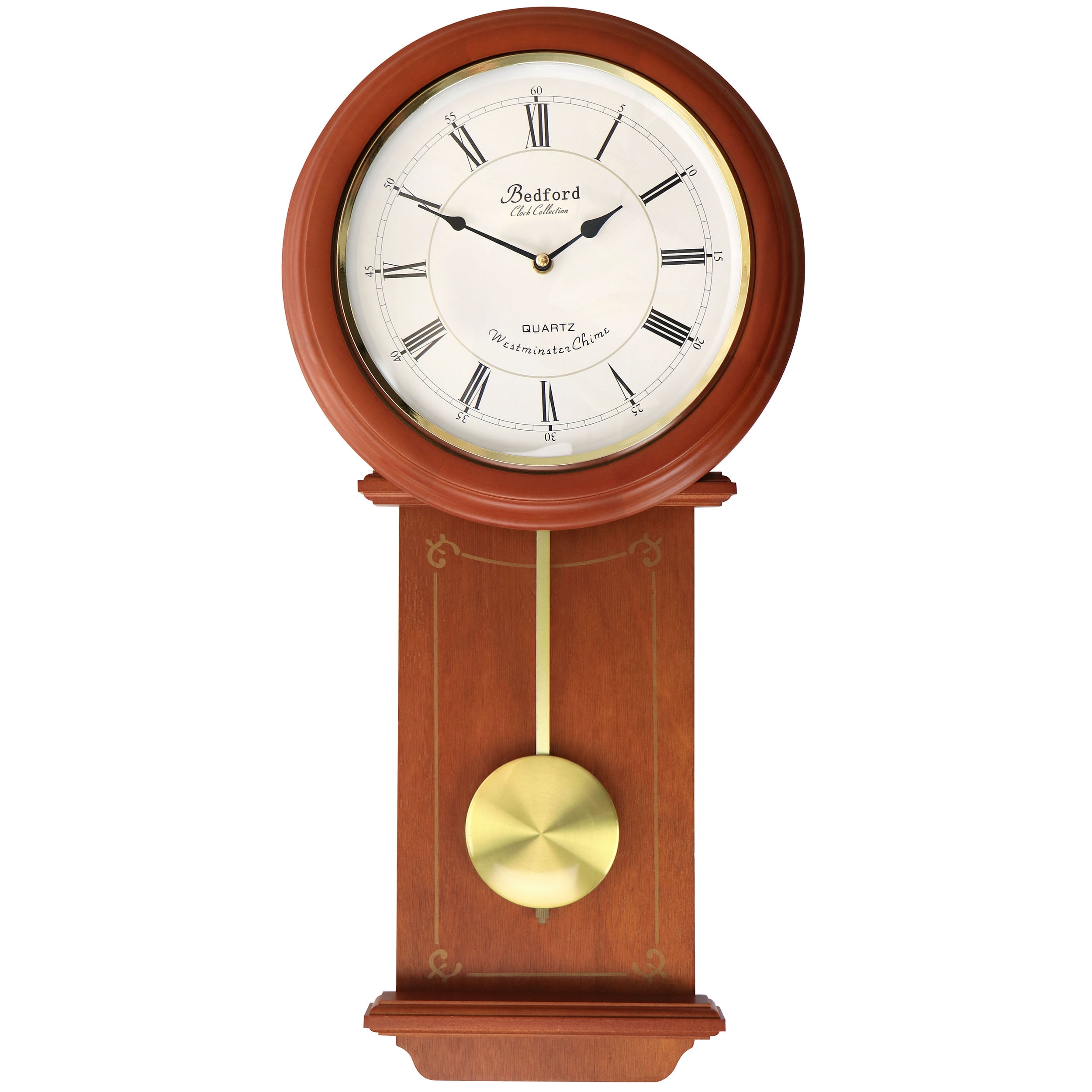 BEDFORD CLOCK COLLECTION WEATHERED CHERRY WOOD 25” WALL CLOCK W/T PENDULUM NEW 