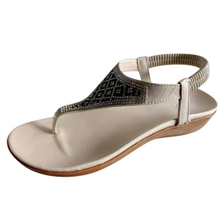 

YanHoo Women s Flip-flops Sandals Dressy Thong Rhinestone Elastic Ankle Strap Wedge Sandal Ladies Summer Casual Beach Shoes