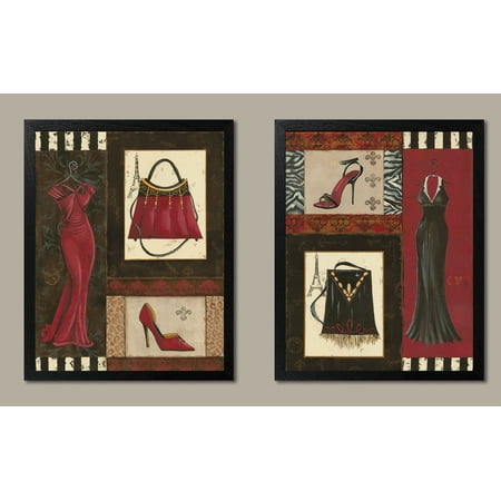 - Fashion Collage; Purse, Shoe, & Dress Retro Prints; Two 11x14 Black Framed Prints. Red/Black/Brown