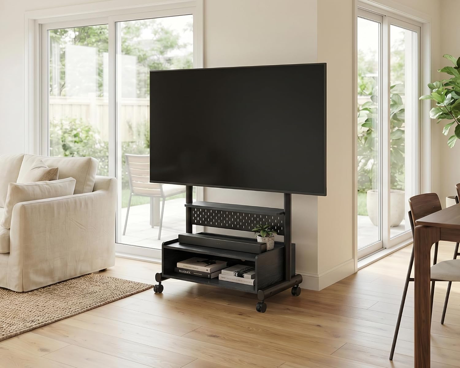 FITUEYES Rolling TV Stand for 40–85 Inch TVs, Black, Storage & Pegboard
