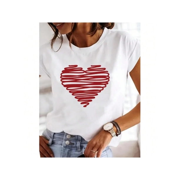 Women Female Summer Casual Watercolor Love Heart Striped Print Short Sleeve Clothes Fashion T-ShirtsCamisetas para mujer, lindas camisetas con estampado gráfico, de manga corta, estilo casual, para ve