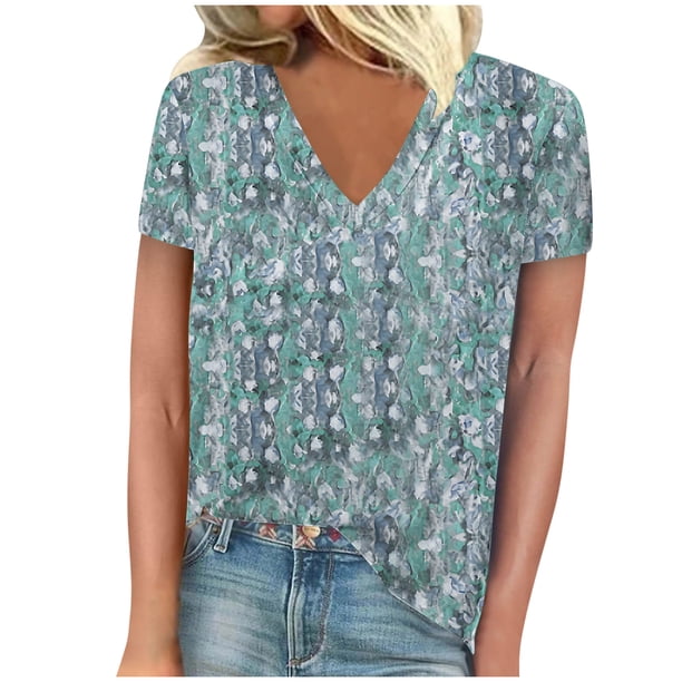 Blusas para las Mujeres Casual Cuello en V Manga Corta Impresa, 95% Poliéster 5% Spandex Camiseta Top para el Día a Día, Fiesta Y Ropa de Trabajo