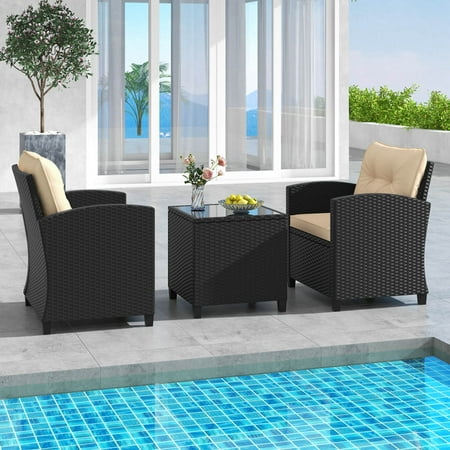 Costway 3 PCS Patio Furniture Set with Tempered Glass Coffee Table Washable Cushions - Beige,Black
