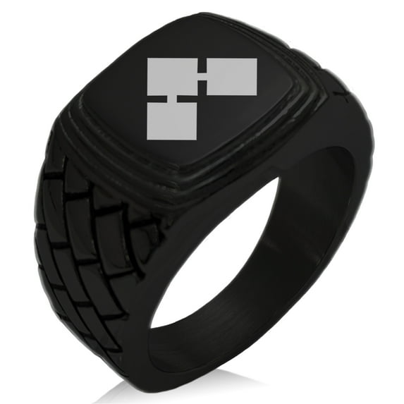 Stainless Steel Saito II Samurai Crest Geometric Pattern Step-Down Biker Style Polished Ring