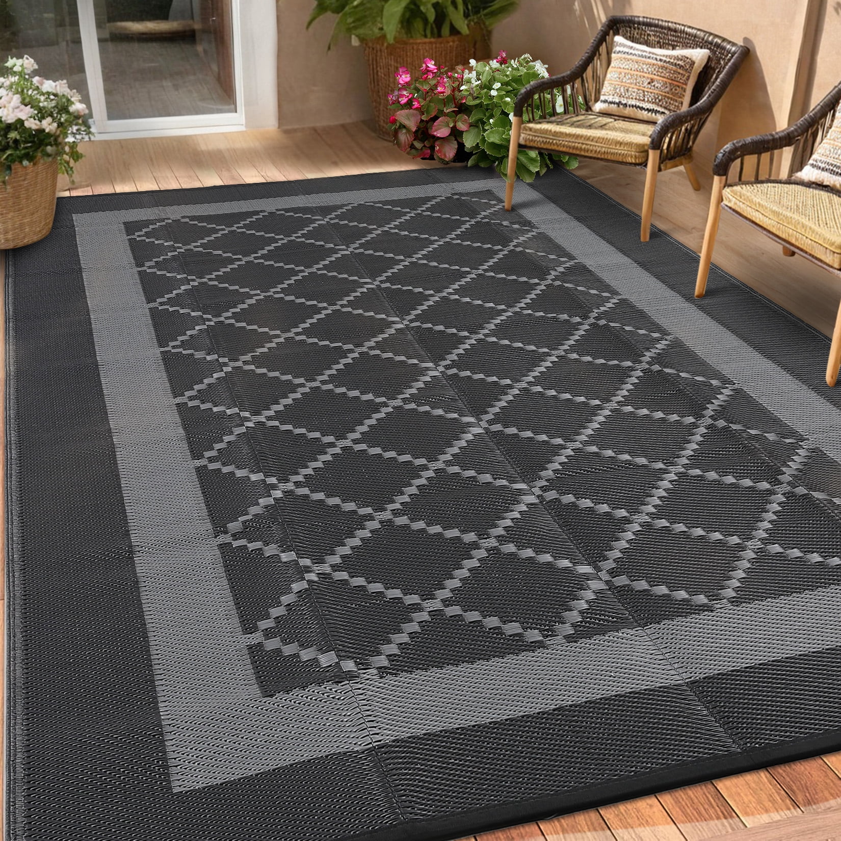 Hasoo 8' x 10' Black/Gray Outdoor Rug for Patio Decor Waterproof Plastic Straw Modern Geometric Bordered Carpet PP Tube Woven Portable Camping Mat for Picnic Balcony
