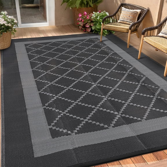 FairOnly 9'x12'Modern Geometric Diamond Grid Outdoor Rug Waterproof Reversible UV-Resistant & Portable Mat for Patio & RV,Black Grey