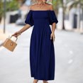 thumbnail image 3 of Gibobby Vestido largo para mujer, de verano Vestidos casuales de verano para mujer Color sólido Hombro Escote cuadrado Vestido oscilante Vestido de playa infor(Marina,M), 3 of 5