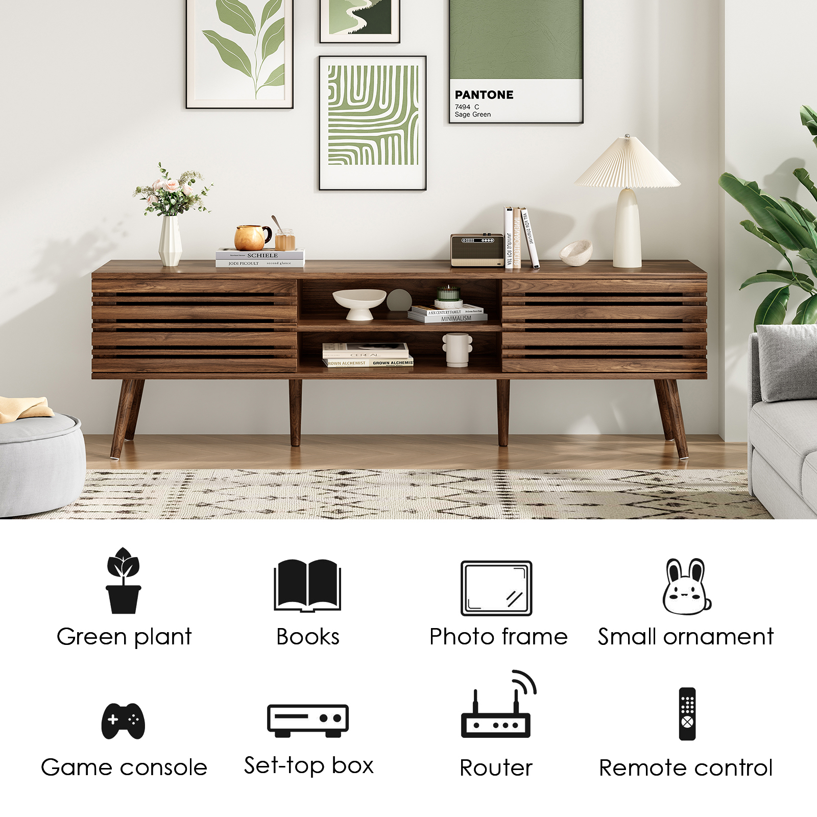 Hommoo Mid Century Modern TV Stands up to 70", Wooden Home Entertainment Center TV Console Cabinet with Sliding Tambour Door & Adjustable Shelves, Natural Walnut