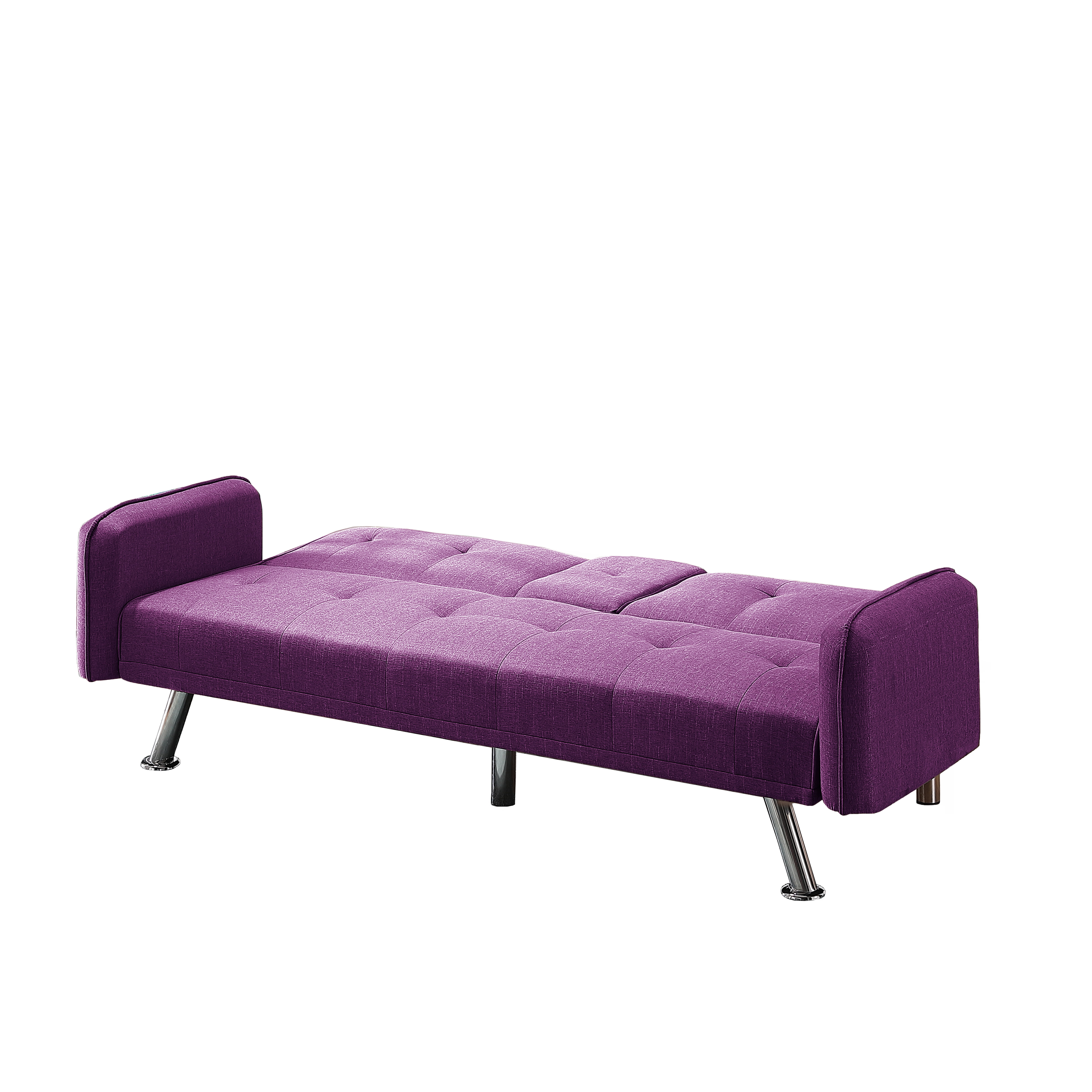 BSHTI 74.4" Futon Sleeper Sofa Bed with Drop-Down Middle Back & 2 Cup Holders, 3-Position Adjustable Backrest, Linen Upholstery, Chrome Legs, Purple
