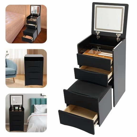 FOGGBET Vanity Desk, Flip Top Vanity Table 48cm with Light, Black, LED Mirror 3 Colors, Dimmable, 3 Drawers, Stool Included, Bedside Table, Overbed Table for Makeup Storage